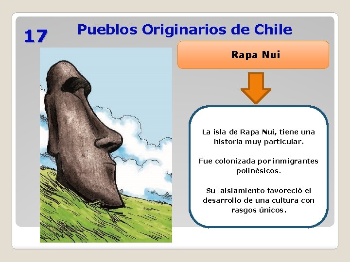 17 Pueblos Originarios de Chile Rapa Nui La isla de Rapa Nui, tiene una