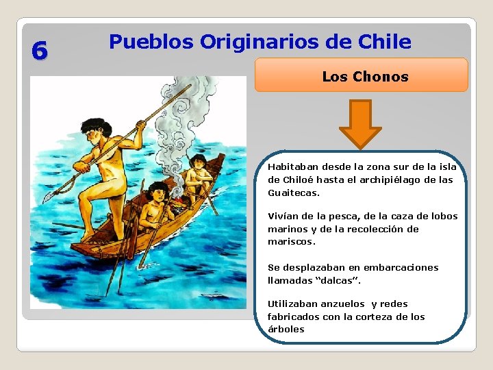 6 Pueblos Originarios de Chile Los Chonos Habitaban desde la zona sur de la