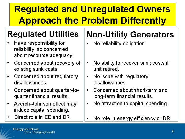 Regulated and Unregulated Owners Approach the Problem Differently Regulated Utilities Non-Utility Generators • Have