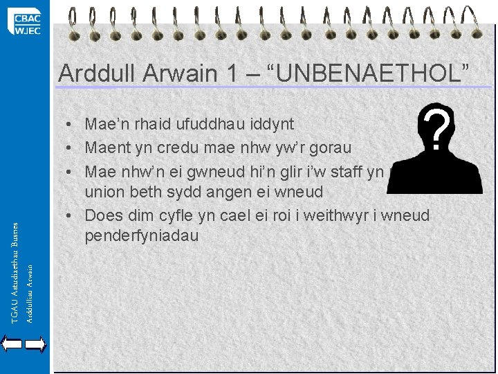 Arddull Arwain 1 – “UNBENAETHOL” Arddulliau Arwain TGAU Astudiaethau Busnes ? • Mae’n rhaid