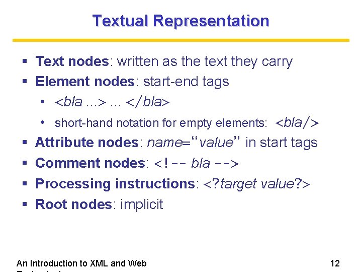 Textual Representation Text nodes: written as the text they carry Element nodes: start-end tags Textual Representation Text nodes: written as the text they carry Element nodes: start-end tags