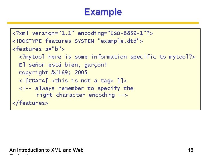 Example <? xml version="1. 1" encoding="ISO-8859 -1"? > <!DOCTYPE features SYSTEM "example. dtd"> <features Example <? xml version="1. 1" encoding="ISO-8859 -1"? > <!DOCTYPE features SYSTEM "example. dtd"> <features