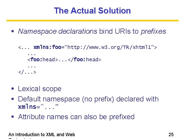 The Actual Solution Namespace declarations bind URIs to prefixes <. . . xmlns: foo="http: The Actual Solution Namespace declarations bind URIs to prefixes <. . . xmlns: foo="http: