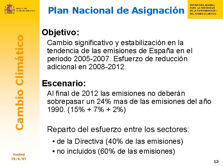 Cambio Climático Plan Nacional de Asignación Madrid 20/6/05 SECRETARÍA GENERAL S PARA LA PREVENCIÓN