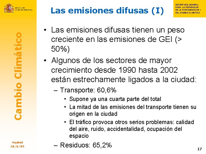 Cambio Climático Las emisiones difusas (I) Madrid 20/6/05 SECRETARÍA GENERAL S PARA LA PREVENCIÓN