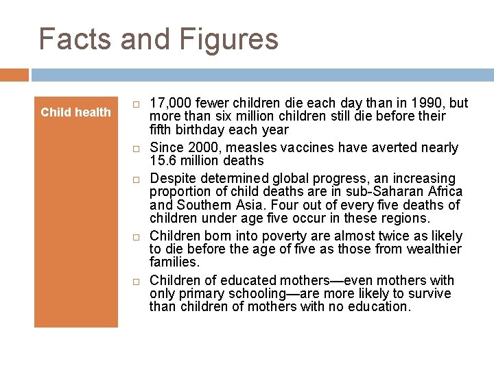 Facts and Figures Child health 17, 000 fewer children die each day than in