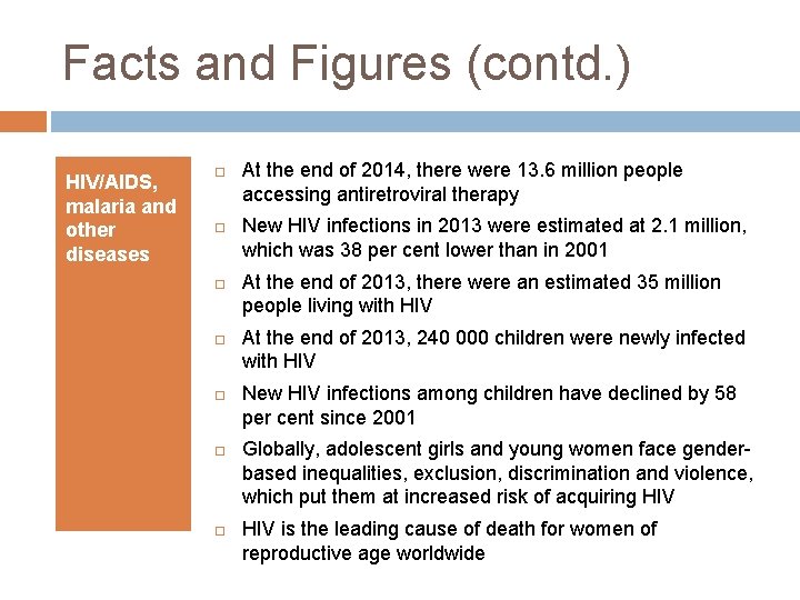 Facts and Figures (contd. ) HIV/AIDS, malaria and other diseases At the end of