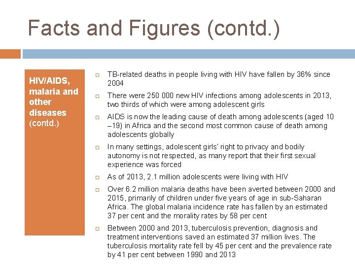 Facts and Figures (contd. ) HIV/AIDS, malaria and other diseases (contd. ) TB-related deaths