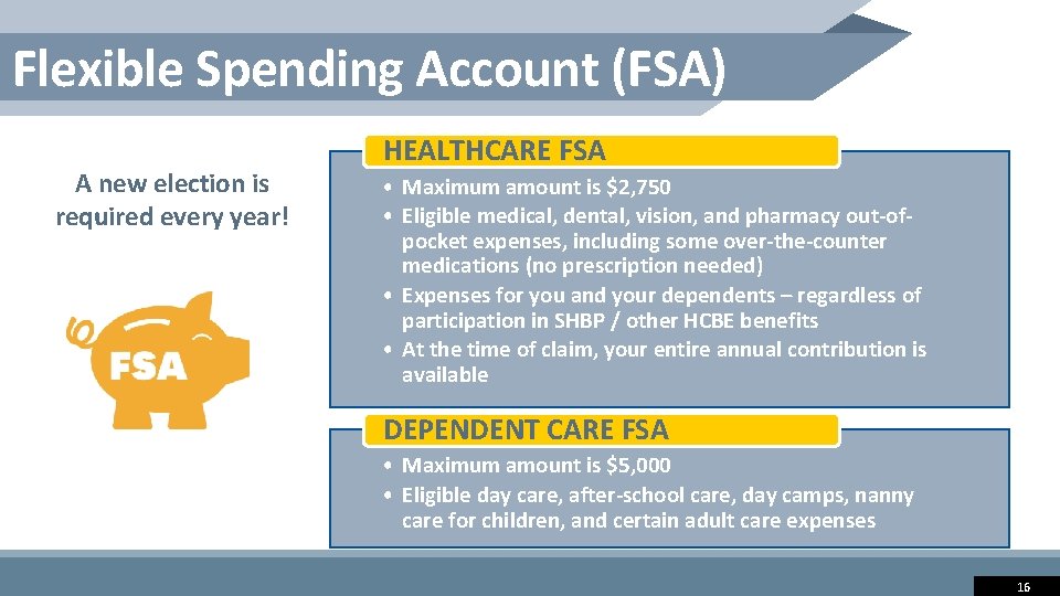 Flexible Spending Account (FSA) A new election is required every year! HEALTHCARE FSA •