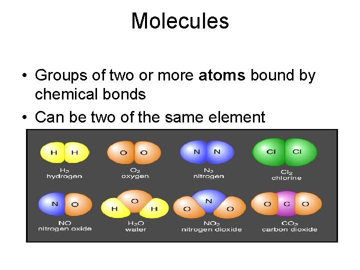Molecules • Groups of two or more atoms bound by chemical bonds • Can