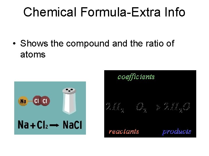 Chemical Formula-Extra Info • Shows the compound and the ratio of atoms 