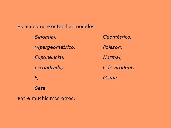 Es así como existen los modelos Binomial, Geométrico, Hipergeométrico, Poisson, Exponencial, Normal, ji-cuadrado, t