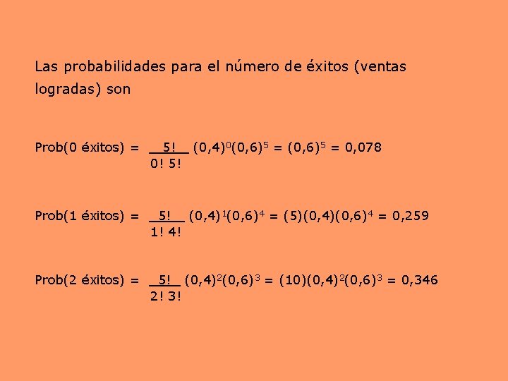 Las probabilidades para el número de éxitos (ventas logradas) son Prob(0 éxitos) = 5!