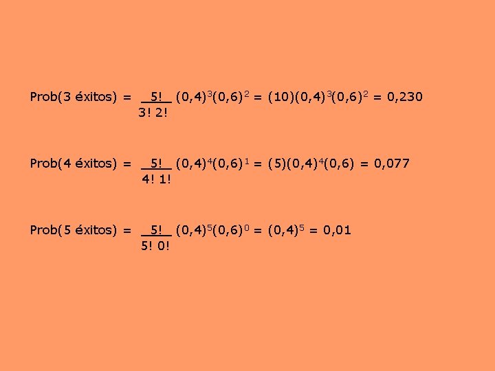 Prob(3 éxitos) = 5! (0, 4)3(0, 6)2 = (10)(0, 4)3(0, 6)2 = 0, 230