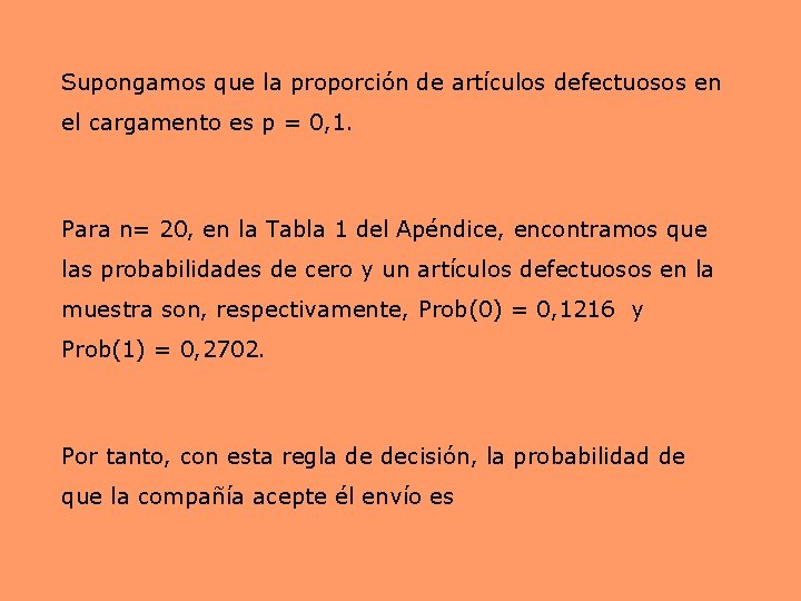Supongamos que la proporción de artículos defectuosos en el cargamento es p = 0,