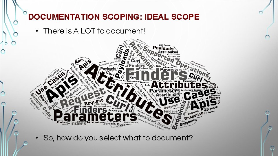 DOCUMENTATION SCOPING: IDEAL SCOPE • There is A LOT to document! • So, how