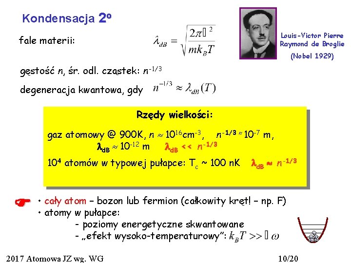 Kondensacja 2 o Louis-Victor Pierre Raymond de Broglie fale materii: (Nobel 1929) gęstość n,