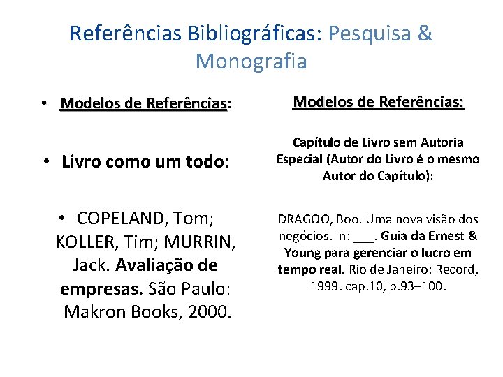 Referências Bibliográficas: Pesquisa & Monografia • Modelos de Referências: Referências Modelos de Referências: •