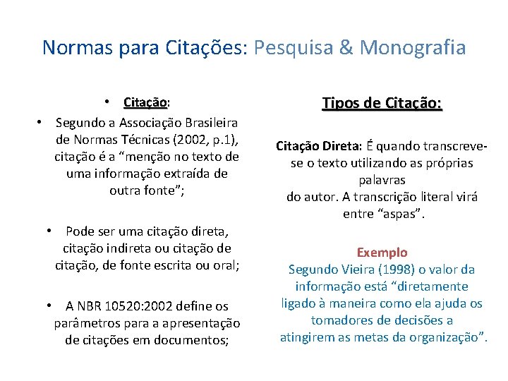 Normas para Citações: Pesquisa & Monografia • Citação: Citação • Segundo a Associação Brasileira