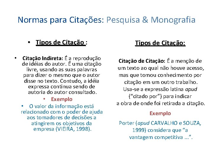 Normas para Citações: Pesquisa & Monografia • Tipos de Citação : Tipos de Citação: