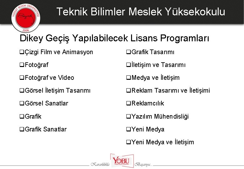 Teknik Bilimler Meslek Yüksekokulu Dikey Geçiş Yapılabilecek Lisans Programları qÇizgi Film ve Animasyon q.