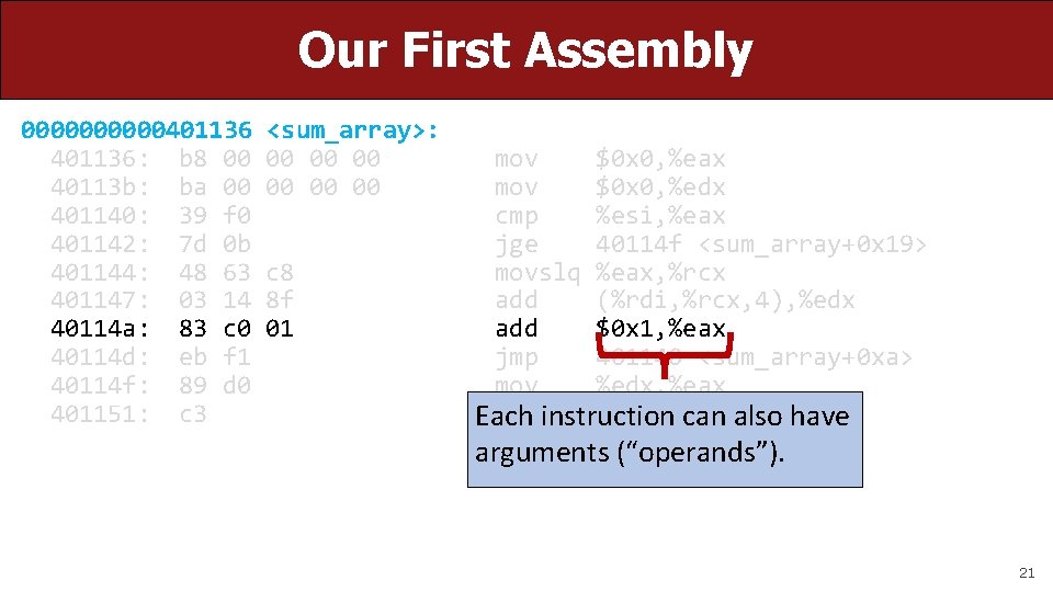 Our First Assembly 00000401136: b 8 00 40113 b: ba 00 401140: 39 f