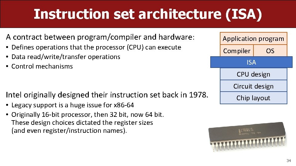 Instruction set architecture (ISA) A contract between program/compiler and hardware: • Defines operations that
