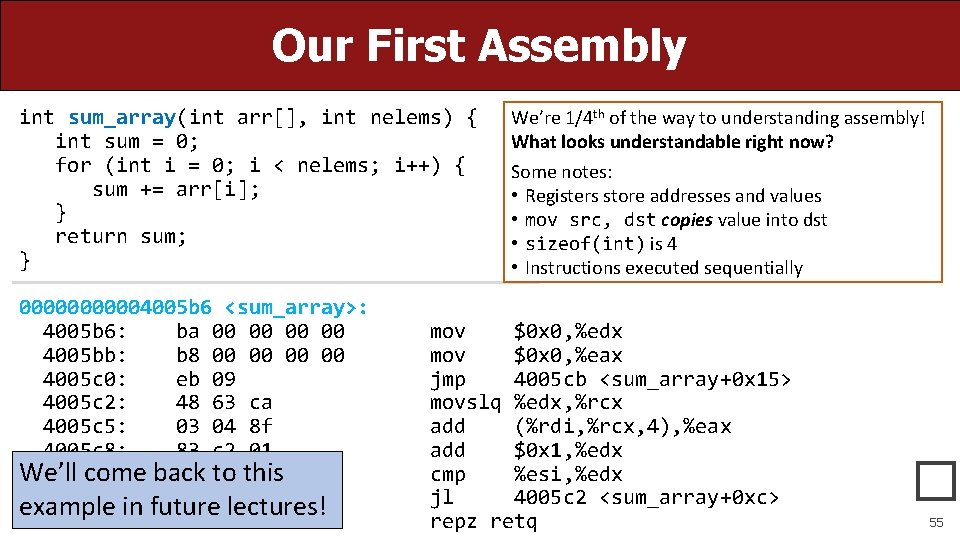 Our First Assembly int sum_array(int arr[], int nelems) { int sum = 0; for