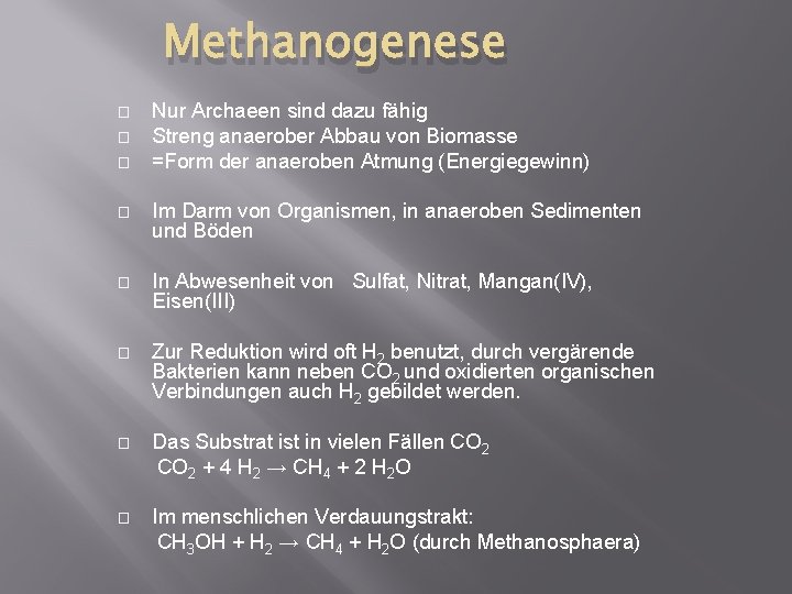 Methanogenese � � � Nur Archaeen sind dazu fähig Streng anaerober Abbau von Biomasse