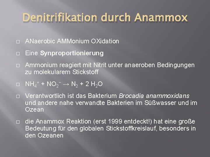 Denitrifikation durch Anammox � ANaerobic AMMonium OXidation � Eine Synproportionierung � Ammonium reagiert mit