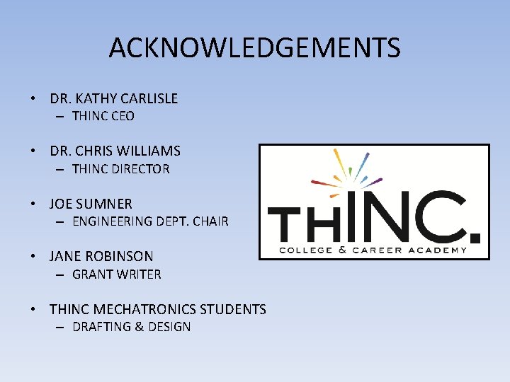 ACKNOWLEDGEMENTS • DR. KATHY CARLISLE – THINC CEO • DR. CHRIS WILLIAMS – THINC