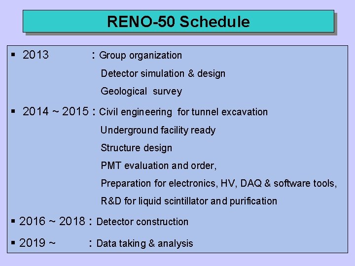 RENO-50 Schedule § 2013 : Group organization Detector simulation & design Geological survey §