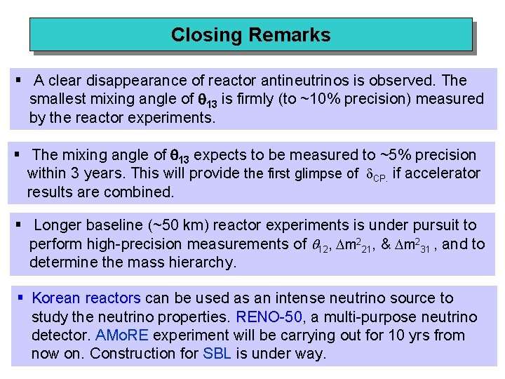 Closing Remarks § A clear disappearance of reactor antineutrinos is observed. The smallest mixing