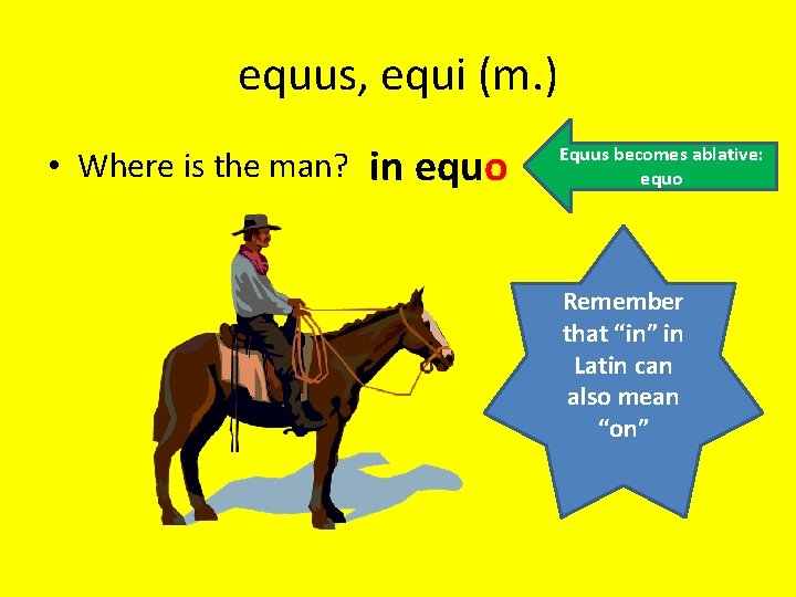 equus, equi (m. ) • Where is the man? in equo Equus becomes ablative: