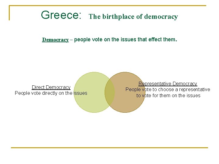 Greece: The birthplace of democracy Democracy – people vote on the issues that effect