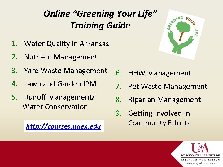 Online “Greening Your Life” Training Guide 1. Water Quality in Arkansas 2. Nutrient Management
