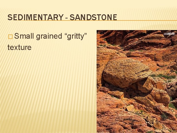 SEDIMENTARY - SANDSTONE � Small texture grained “gritty” 