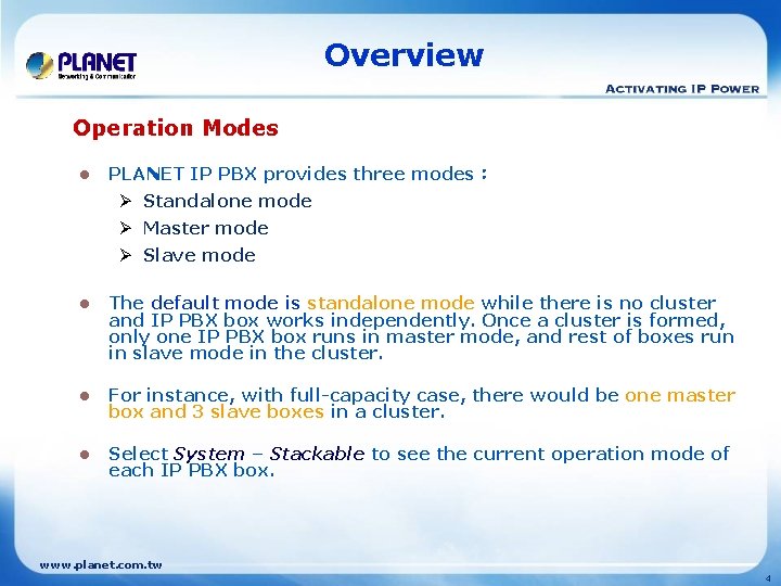 Overview Operation Modes l PLANET IP PBX provides three modes： Ø Standalone mode Ø