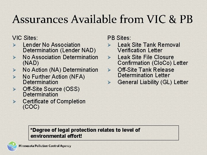 Assurances Available from VIC & PB VIC Sites: Ø Lender No Association Determination (Lender