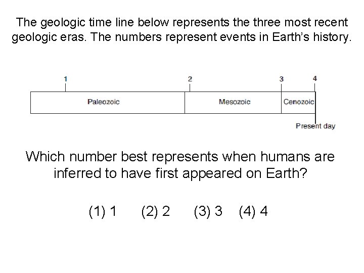 The geologic time line below represents the three most recent geologic eras. The numbers