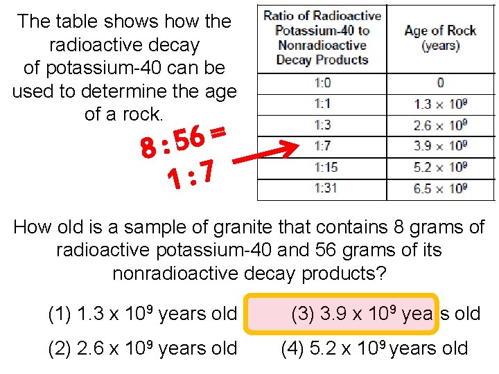 The table shows how the radioactive decay of potassium-40 can be used to determine