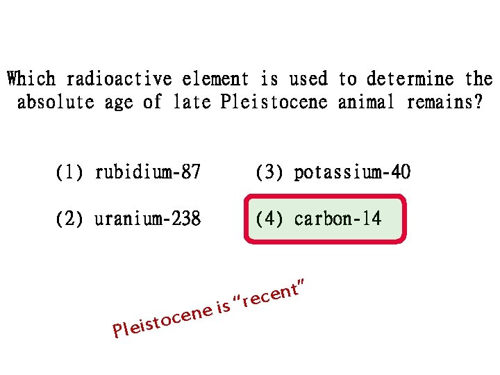 Which radioactive element is used to determine the absolute age of late Pleistocene animal