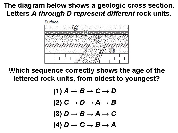 The diagram below shows a geologic cross section. Letters A through D represent different