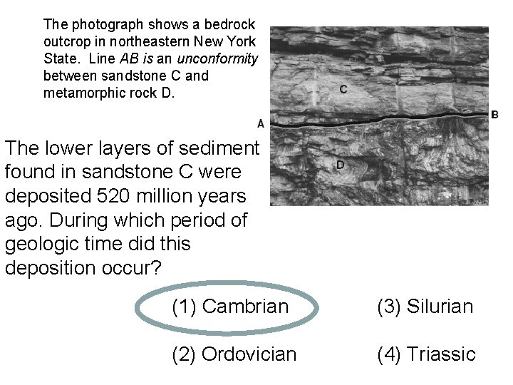 The photograph shows a bedrock outcrop in northeastern New York State. Line AB is