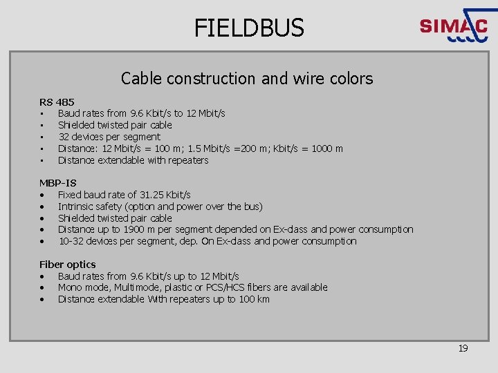 FIELDBUS Cable construction and wire colors RS 485 • Baud rates from 9. 6