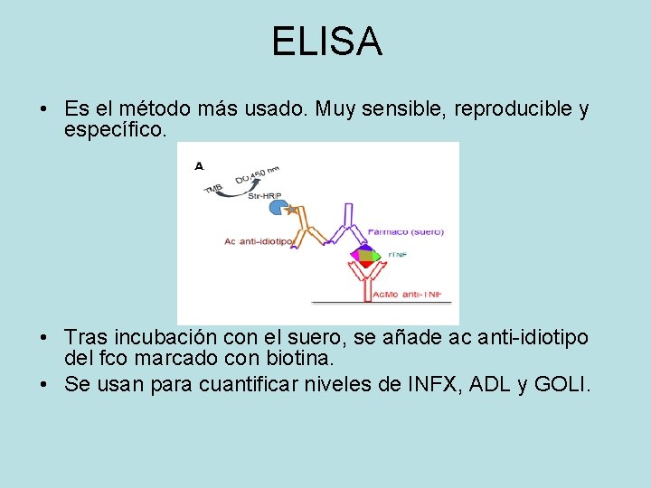 ELISA • Es el método más usado. Muy sensible, reproducible y específico. • Tras