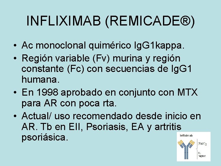 INFLIXIMAB (REMICADE®) • Ac monoclonal quimérico Ig. G 1 kappa. • Región variable (Fv)