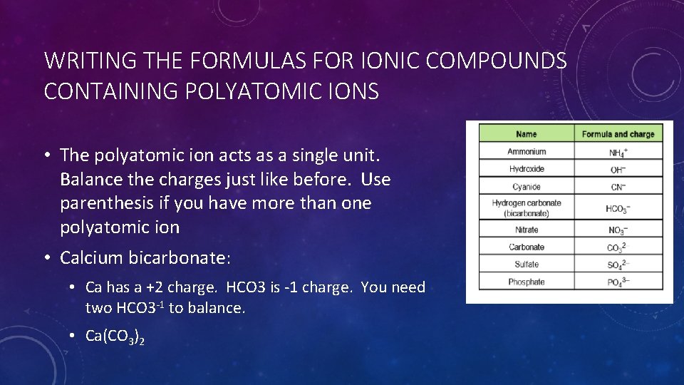 WRITING THE FORMULAS FOR IONIC COMPOUNDS CONTAINING POLYATOMIC IONS • The polyatomic ion acts