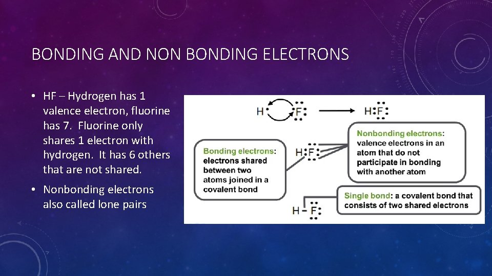 BONDING AND NON BONDING ELECTRONS • HF – Hydrogen has 1 valence electron, fluorine