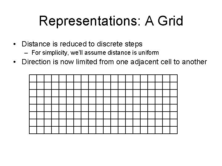 Representations: A Grid • Distance is reduced to discrete steps – For simplicity, we’ll